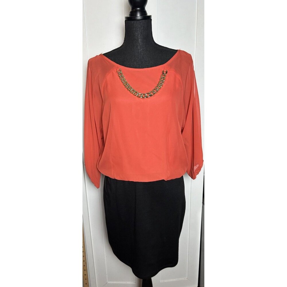 Bongo Women’s Coral /Black Chiffon Split Sleeve‎ Blouson Dress Size XL